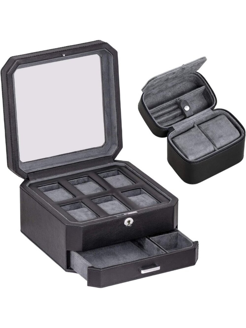 Luxury Leather Watch Box Set with Travel Case - 6 Slot Organizer, Glass Top